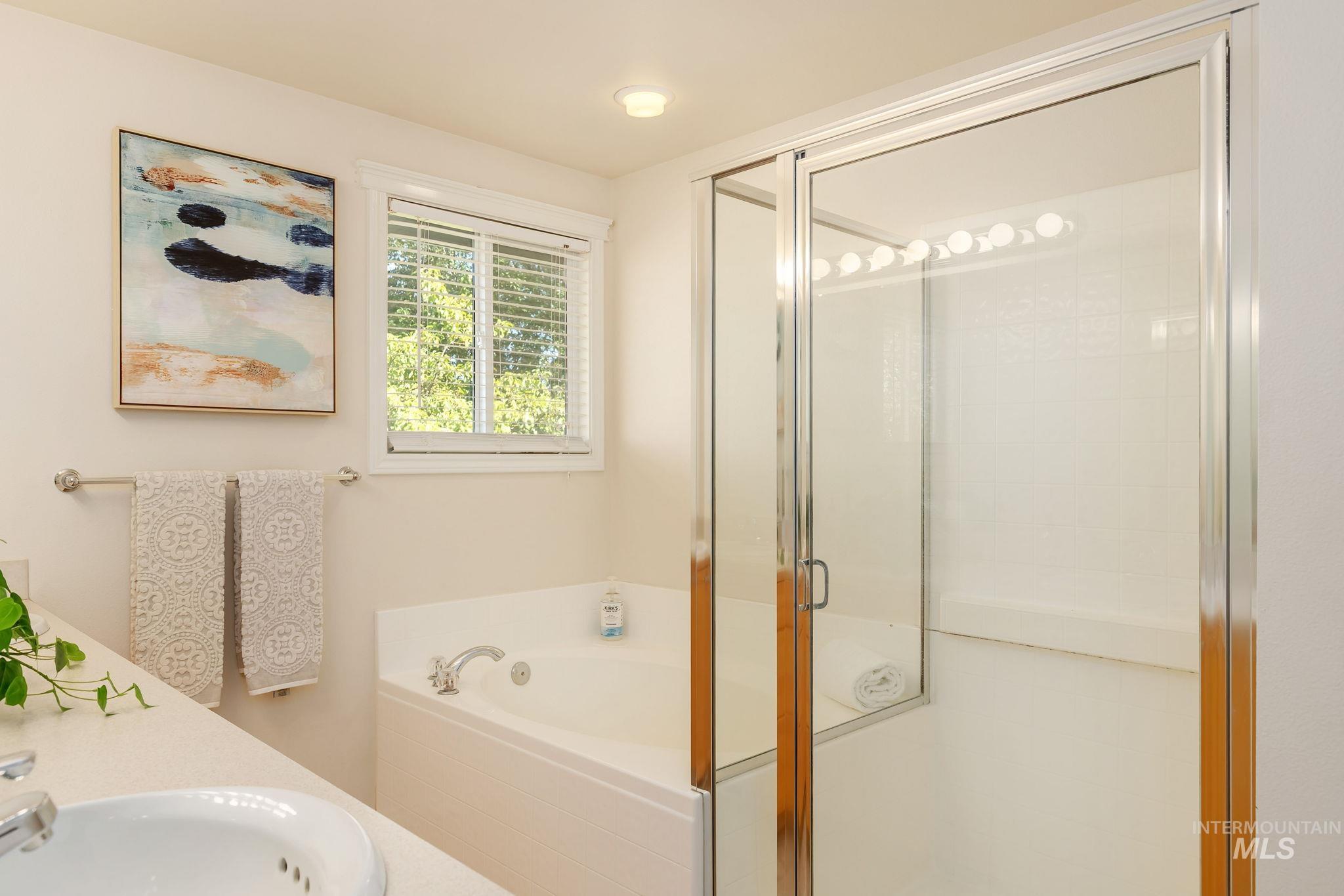 2912 East Bonfire Lane Eagle, ID 83616 - Photo 30 of 50 Bathroom featuring a bath, a stall shower, and vanity