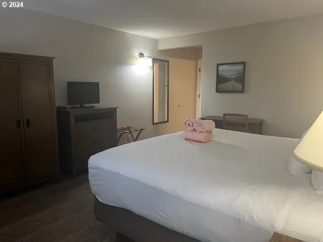 a bedroom with a bed and a flat screen tv