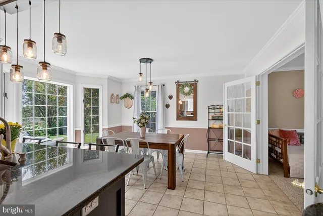 a view of a dining room with furniture window and outside view