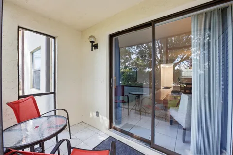 a view of a backyard with couches and trees