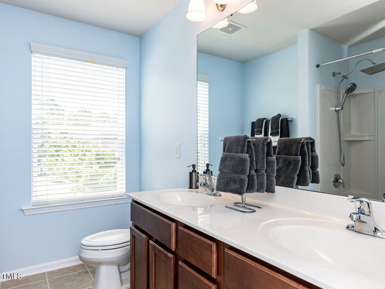 112 Victorian Oaks Drive Durham, NC 27713 - Photo 25 of 32 a bathroom with a granite countertop sink and a large mirror