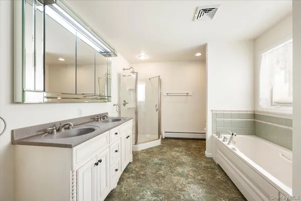 a bathroom with a sink a bathtub a mirror a vanity and a shower