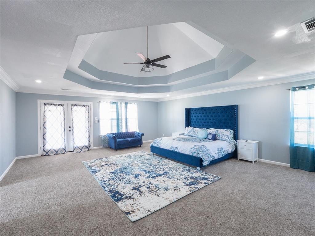 7321 North State Highway Blue Ridge, TX 75424 - Photo 13 of 30 Bedroom with light carpet, crown molding, ceiling fan, a tray ceiling, and french doors