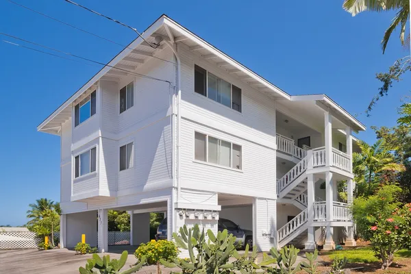 a front view of a house with plants