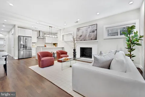 a living room with furniture a fireplace and a potted plant
