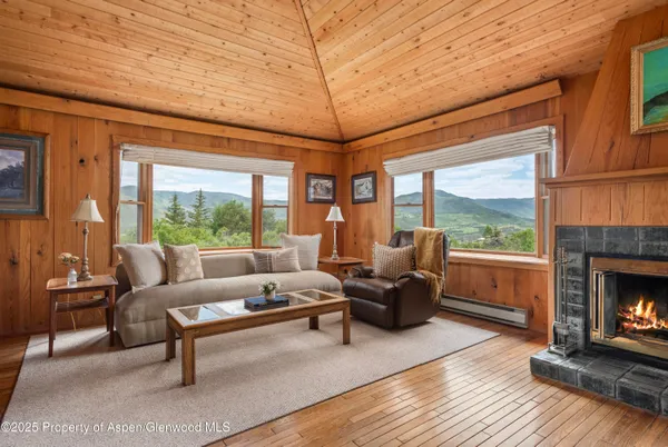 a living room with furniture a fireplace and a floor to ceiling window