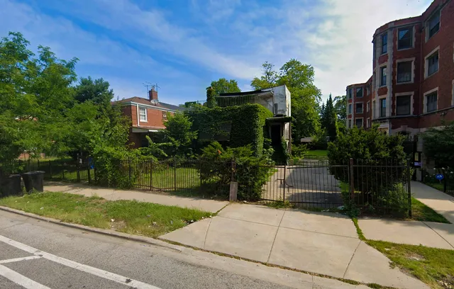 a view of a street with potted plants and large trees