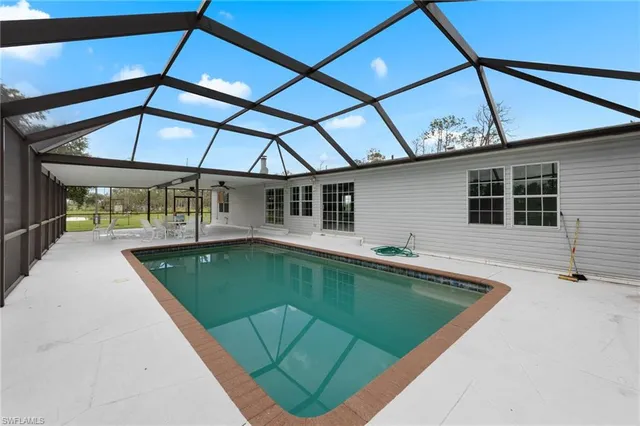 a view of a backyard with a swimming pool