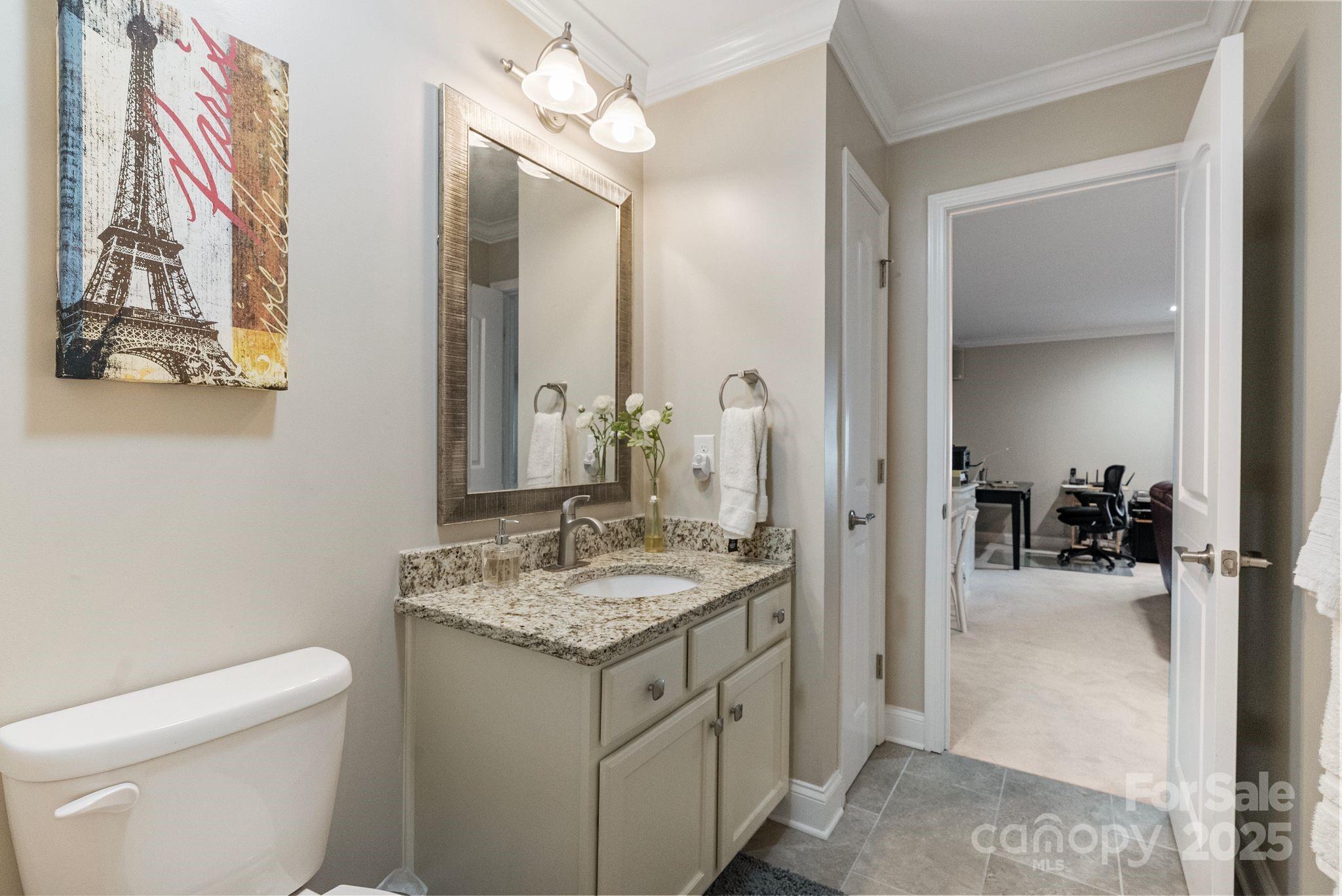 2304 Celandine Way Tega Cay, SC 29708 - Photo 34 of 47 a bathroom with a granite countertop sink a toilet and a mirror