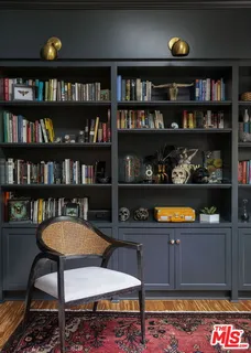 a living room with furniture and a book shelf