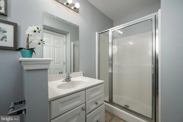 a bathroom with a sink a mirror and a shower