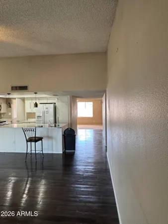 a view of dining room with wooden floor