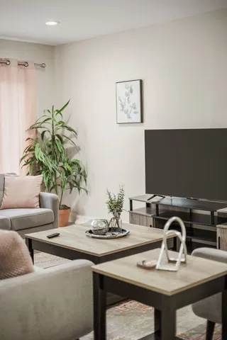 a view of a dining room with furniture