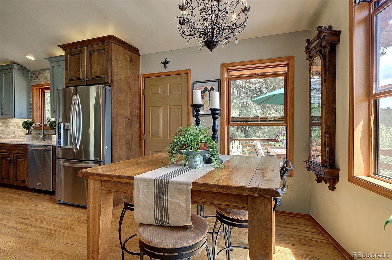 29659 Spruce Road Evergreen, CO 80439 - Photo 16 of 38 a kitchen with stainless steel appliances granite countertop a refrigerator and a sink