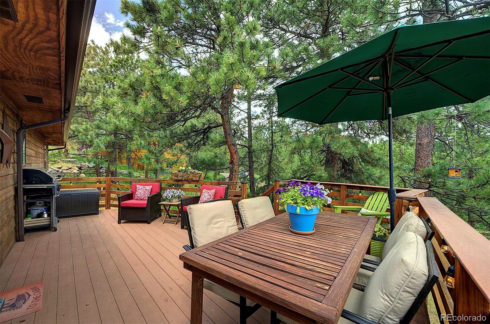 29659 Spruce Road Evergreen, CO 80439 - Photo 21 of 38 a view of outdoor sitting area with furniture and wooden deck