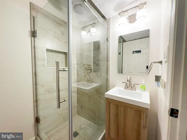 a bathroom with a sink shower and a mirror