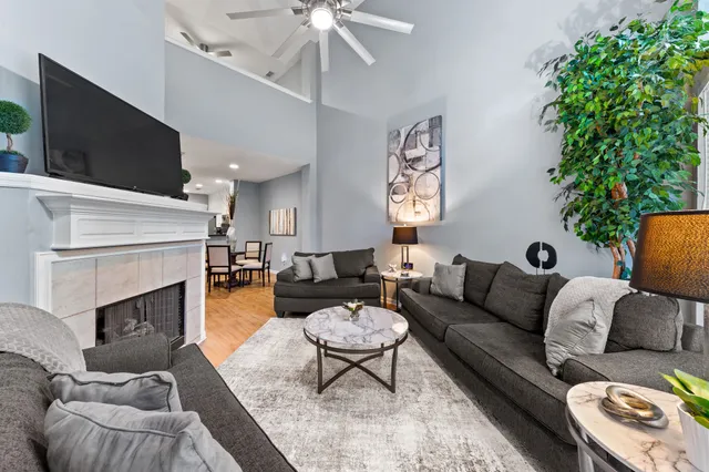 a living room with furniture a flat screen tv and a fireplace