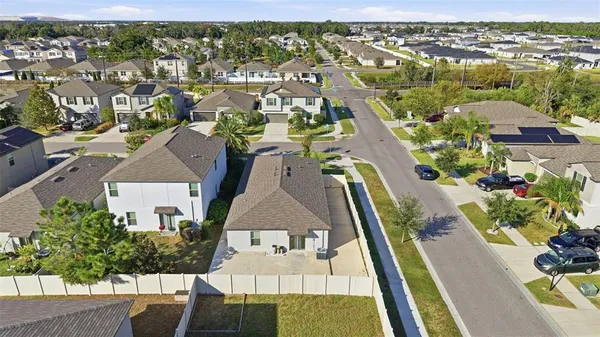 an aerial view of residential houses with outdoor space