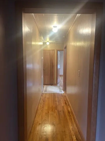 a view of empty room with wooden floor and fireplace