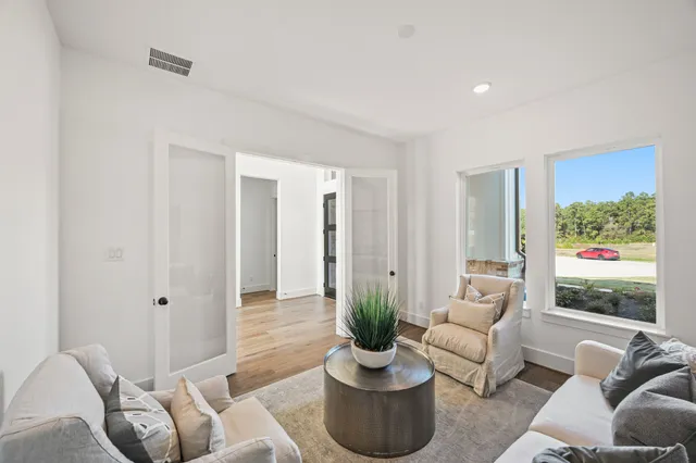 a view of a dining room with furniture