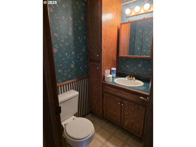 a bathroom with a toilet a sink and mirror