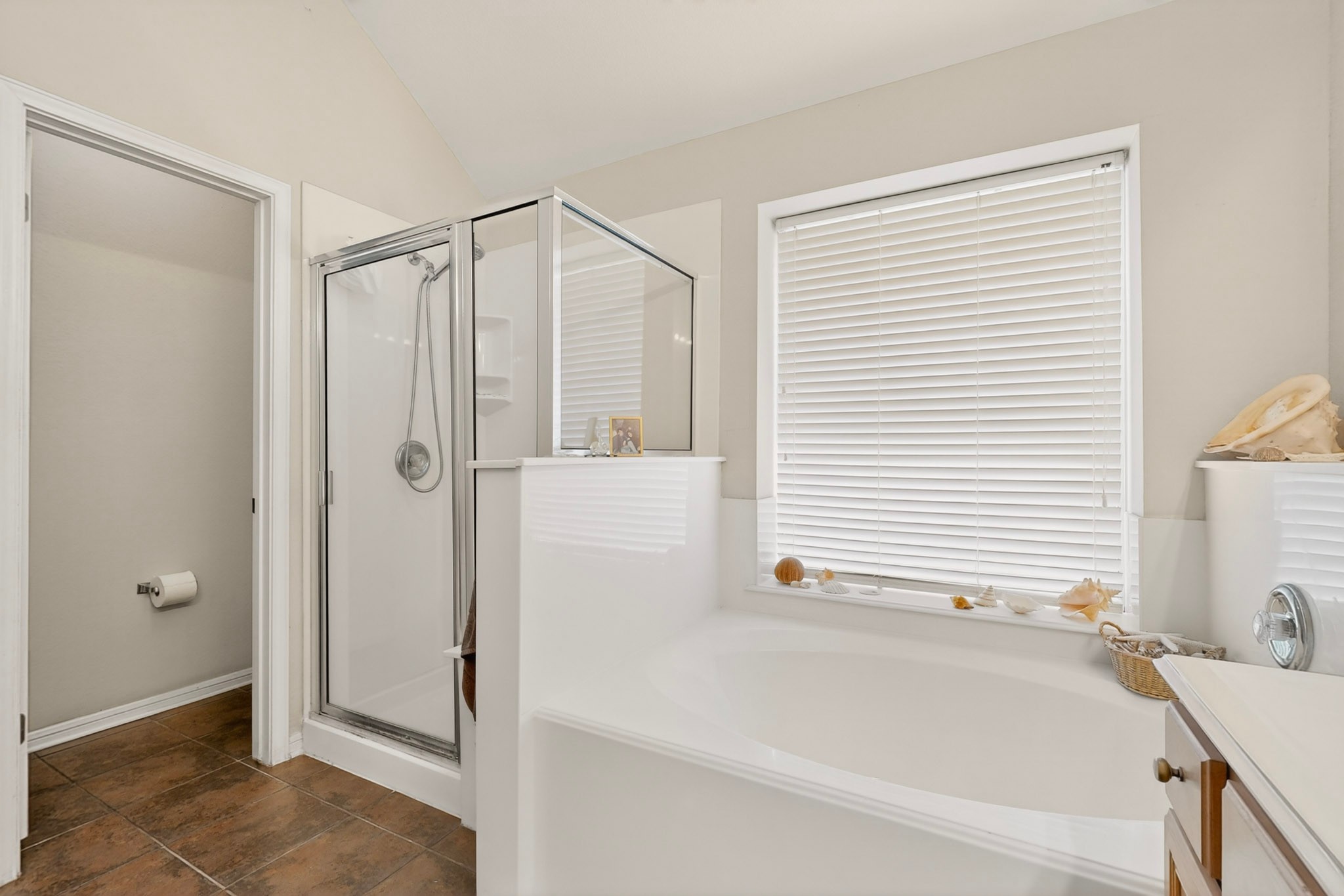 905 Victoria Ridge Drive Pflugerville, TX 78660 - Photo 17 of 32 A well-lit primary bathroom provides a tiled walk-in shower and a built-in tub with a window above.