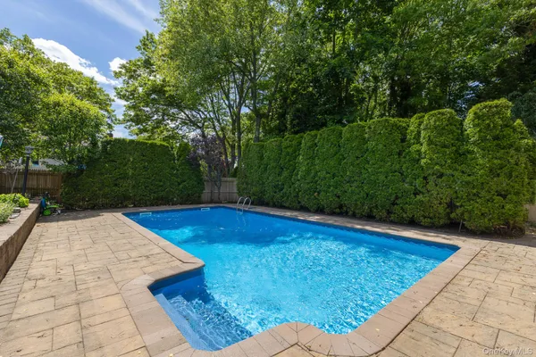 a view of a swimming pool with a yard and plants