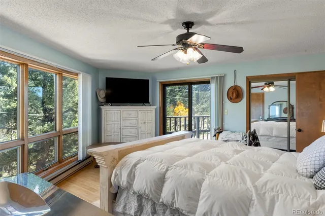 a bedroom with a large bed and a flat screen tv
