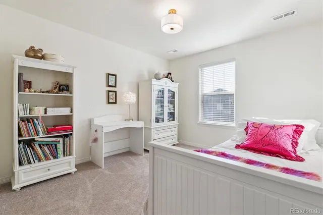 a living room with furniture and a book shelf