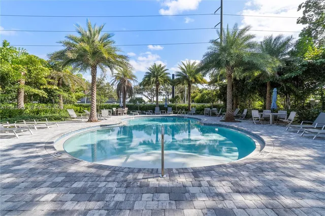 an aerial view of a swimming pool
