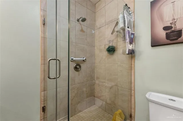 a bathroom with a shower and toilet