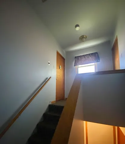 a view of a hallway with windows