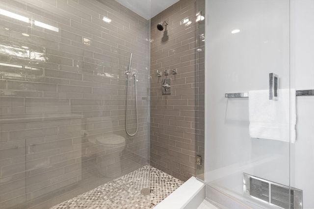 a bathroom with a shower and a toilet