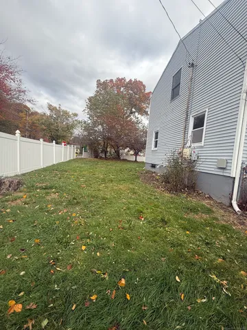 a view of a backyard with large trees