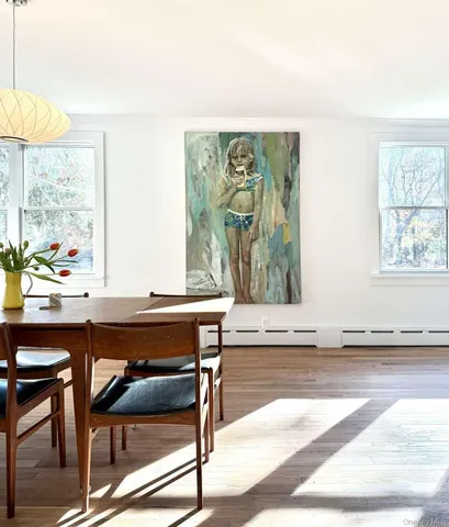 a view of a dining room with furniture and window