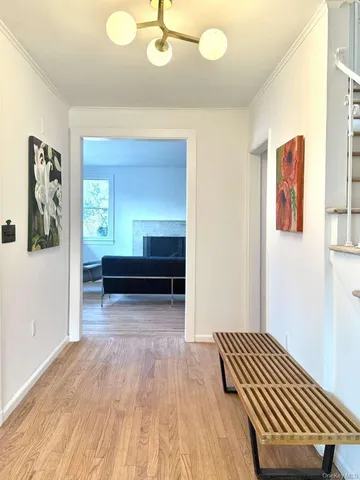 a view of a hallway with wooden floor and a cabinet
