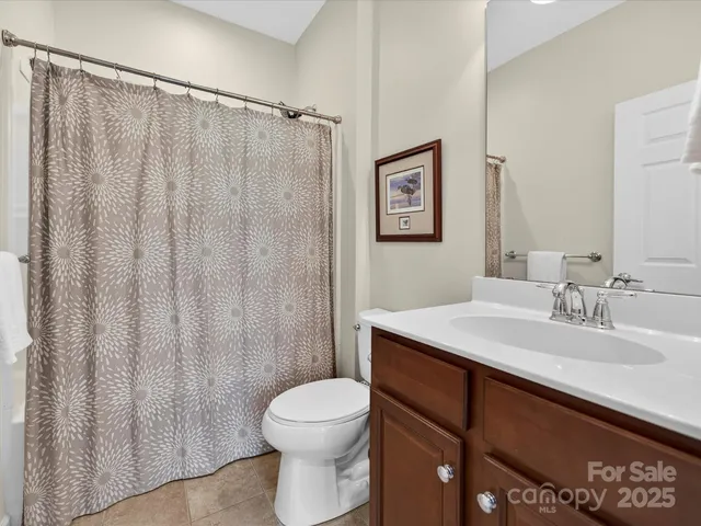 a bathroom with a sink a toilet a mirror and shower curtain