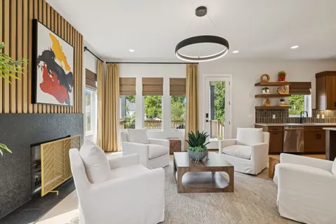 a living room with furniture a potted plant and a fireplace