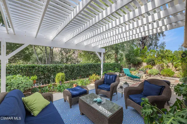 a backyard of a house with table and chairs