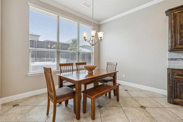 a view of a dining room with furniture and window