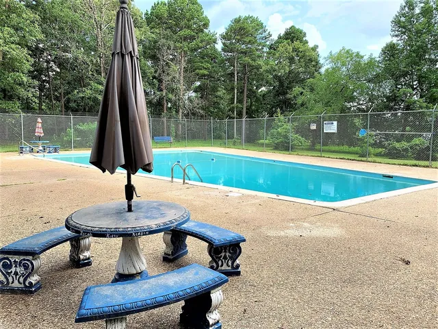 a view of a swimming pool with a patio and a yard
