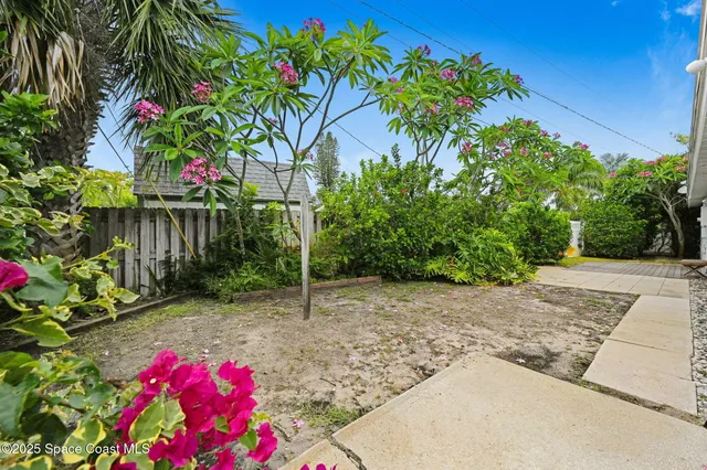 a view of a yard with plants and a trees