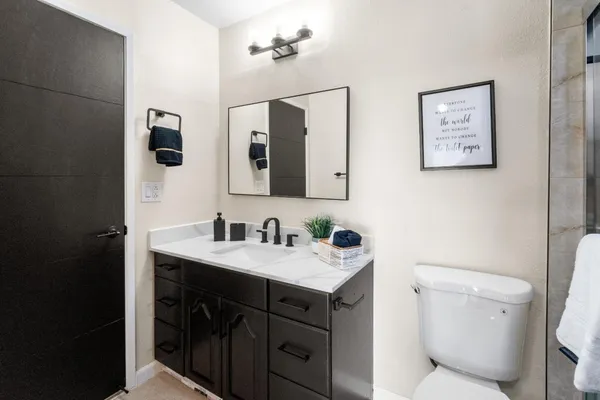 a bathroom with a toilet a sink a mirror and vanity