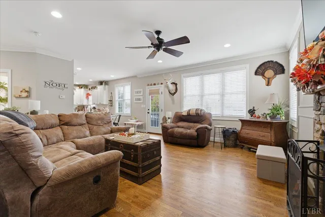 a room with a fireplace and a wooden floor