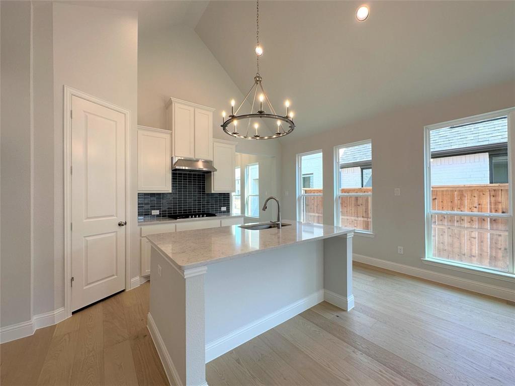 15621 Fringe Tree Road Frisco, TX 75035 - Photo 6 of 18 Kitchen featuring white cabinetry, light stone countertops, tasteful backsplash, a center island with sink, and light wood finished floors