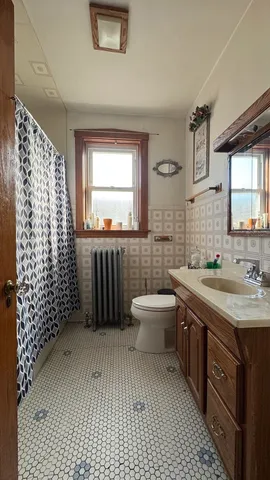 a bathroom with a sink toilet a mirror and shower