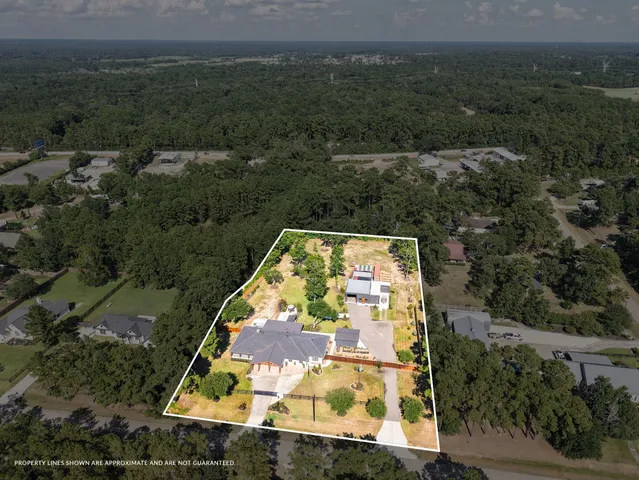 an aerial view of a house with a garden and swimming pool