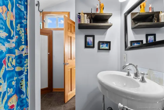 a bathroom with a sink and a mirror