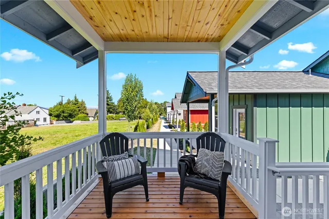 front view of a house with a patio