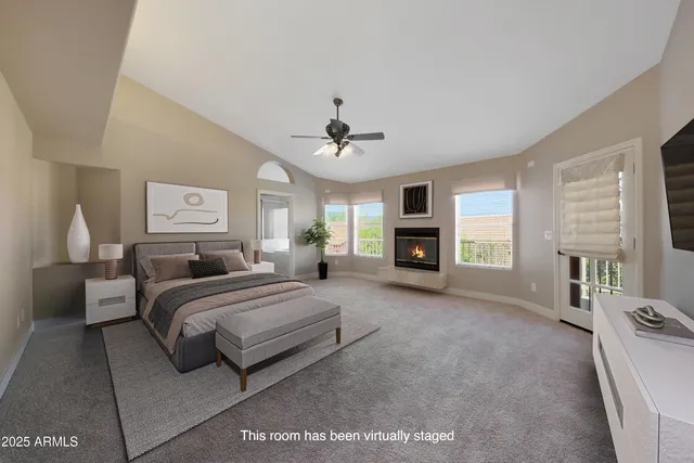 a bedroom with furniture and a bed